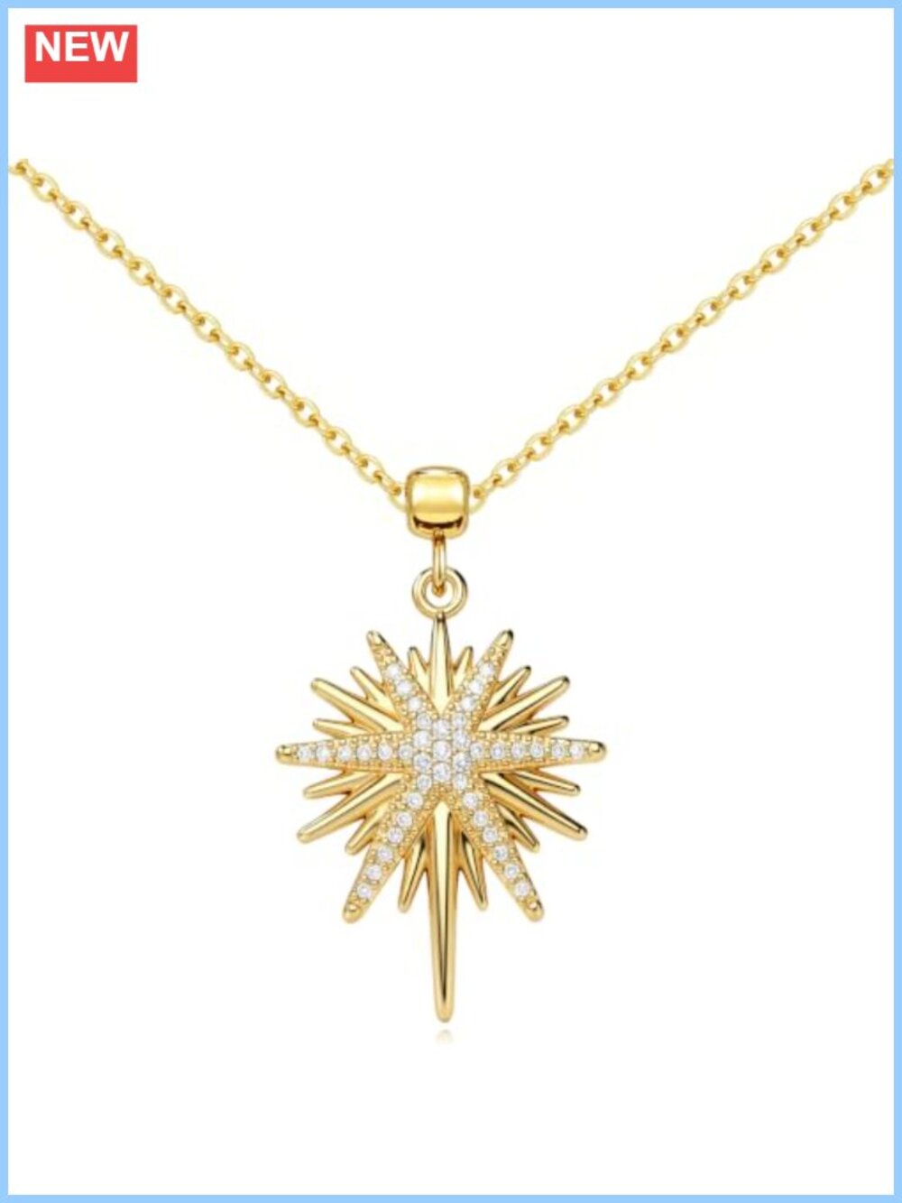 Gold Plated Starburst Pendant Necklace Cubic Zirconia 19 Inch Adjustable